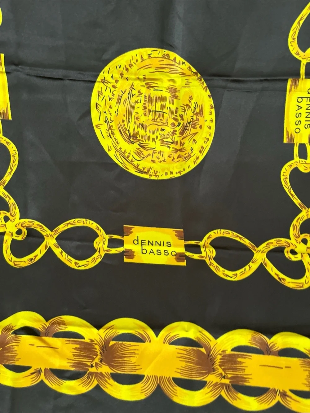 dennis basso Black and Yellow Chain Motif Silk Scarf